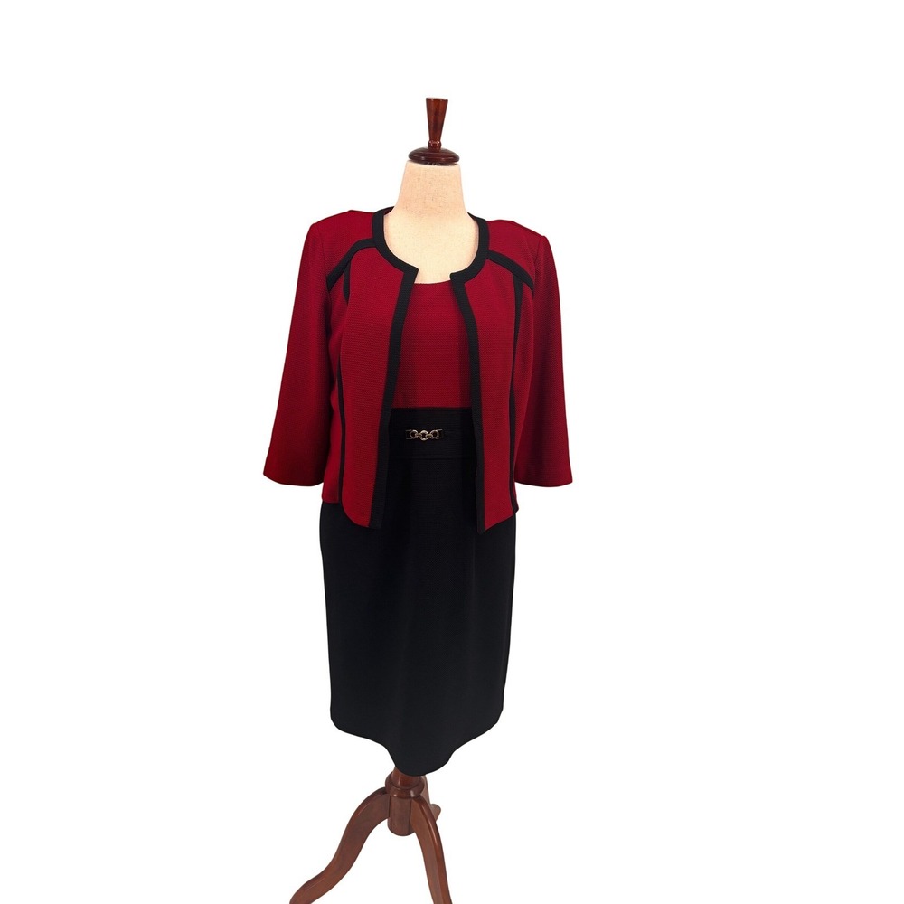 Studio One New York Dress & Jacket Set Womens 12 Cranberry Black Gold Buckle 2Pc